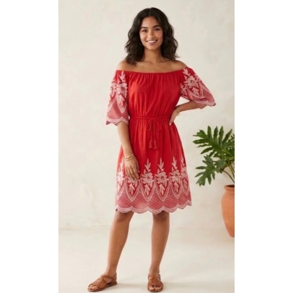 ANTHROPOLOGIE KINDRED Dress Women M Red Embroidered Off Shoulder‎ Boho Mini